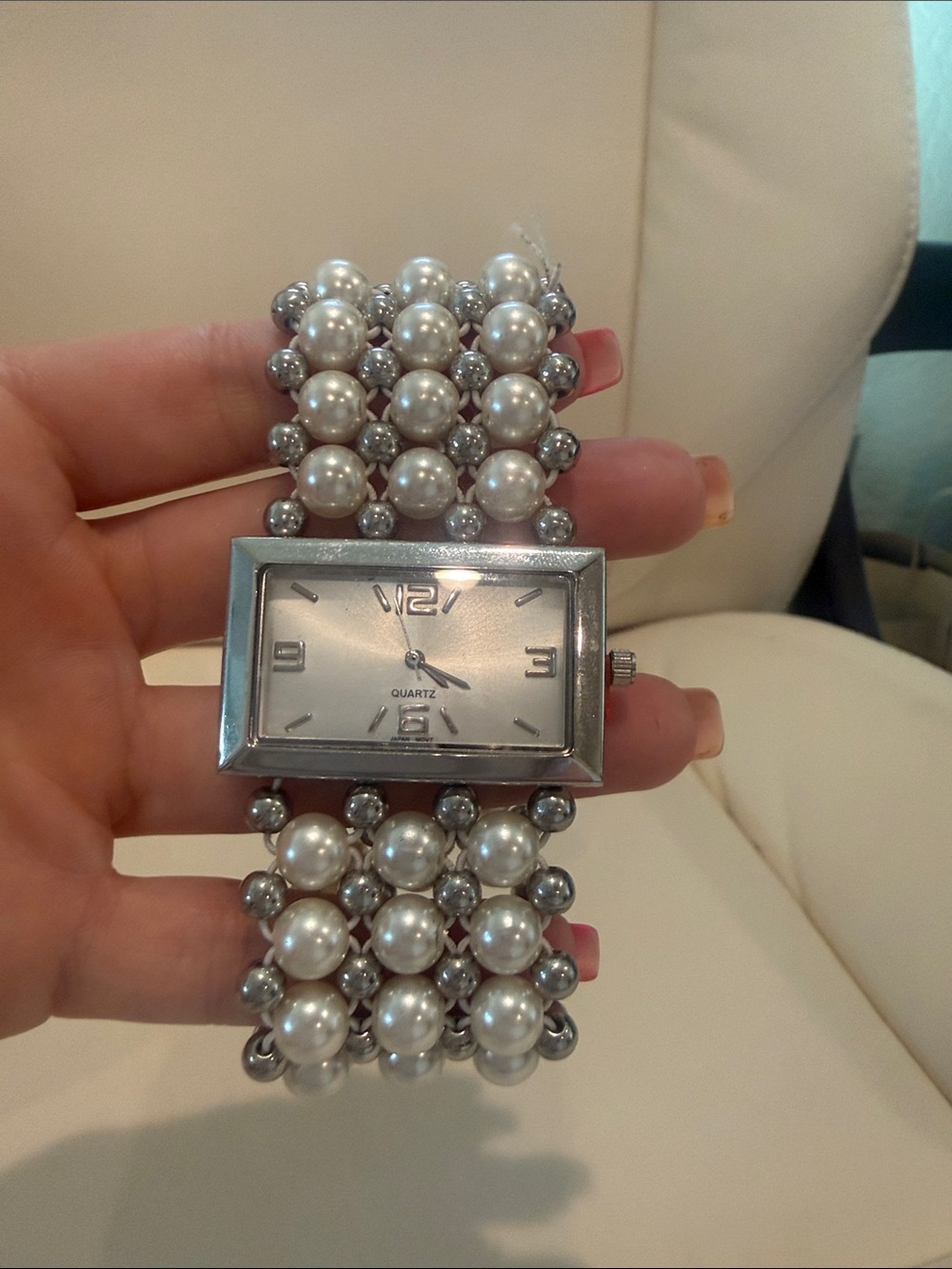 Vintage bracelet watch Pearl Bead Silver-Tone Bracelet Watch. Unsigned .